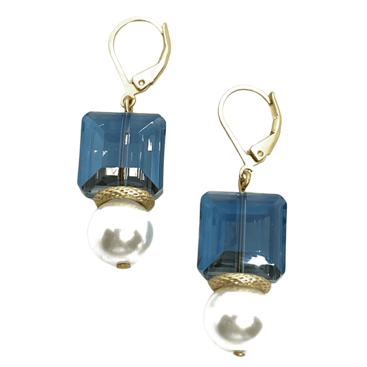 Square Blue Crystal And Glass Pearl Matte Gold Earrings - DEBORAH GRIVAS - Banebrook Collections