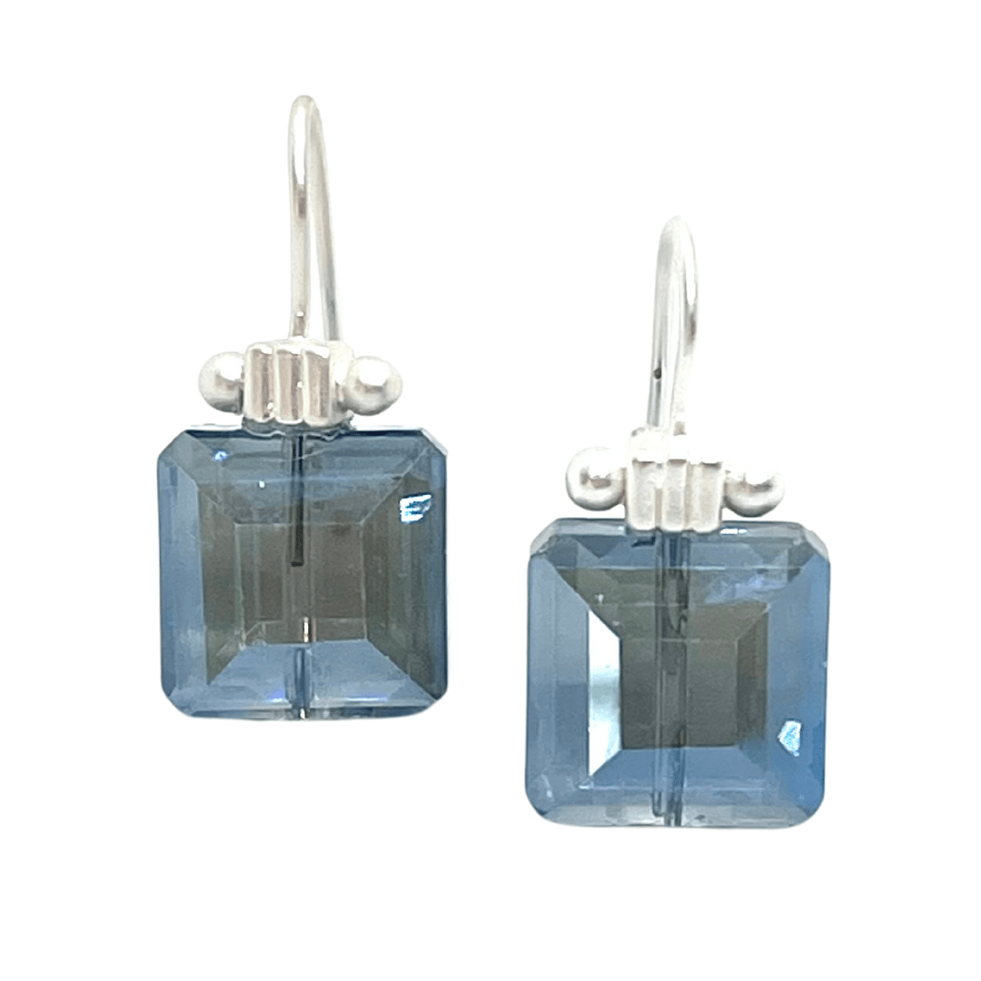 Square Blue Crystal Matte Silver Column Earrings - DEBORAH GRIVAS - Banebrook Collections