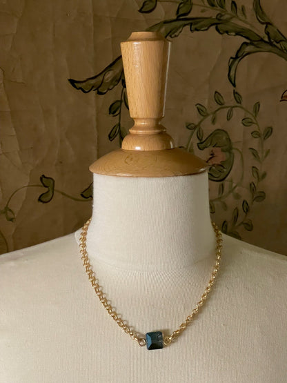 Square Blue Crystal On Matte Gold Chain Necklace - DEBORAH GRIVAS - Banebrook Collections