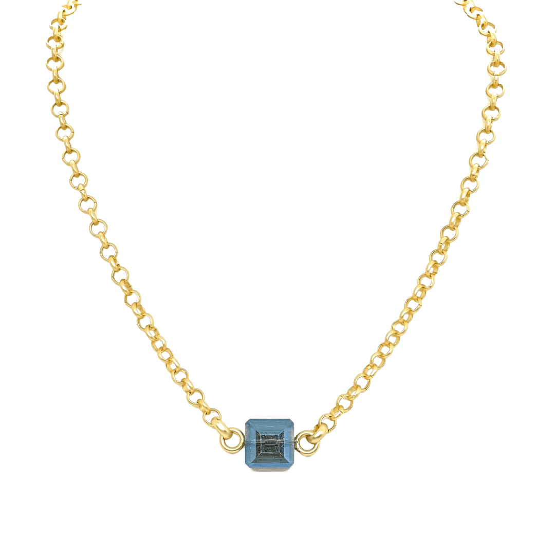 Square Blue Crystal On Matte Gold Chain Necklace - DEBORAH GRIVAS - Banebrook Collections