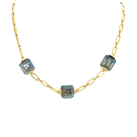 Square Blue Crystals On Matte Gold Chain Necklace - DEBORAH GRIVAS - Banebrook Collections