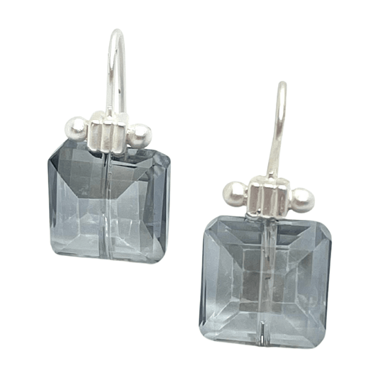 Square Grey Crystal Matte Silver Column Earrings - DEBORAH GRIVAS - Banebrook Collections