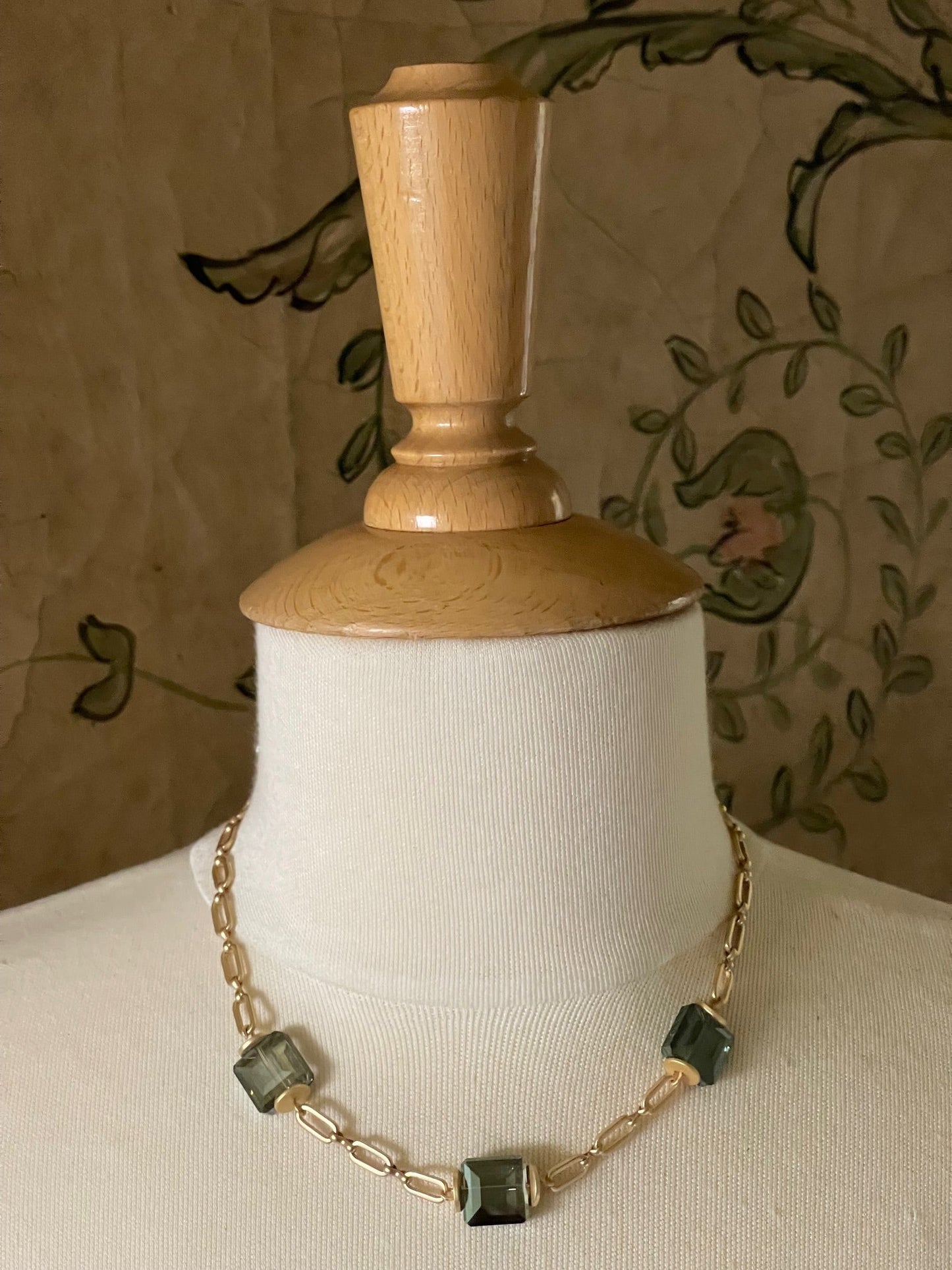 Square Olive Crystals On Matte Gold Chain Necklace - DEBORAH GRIVAS - Banebrook Collections