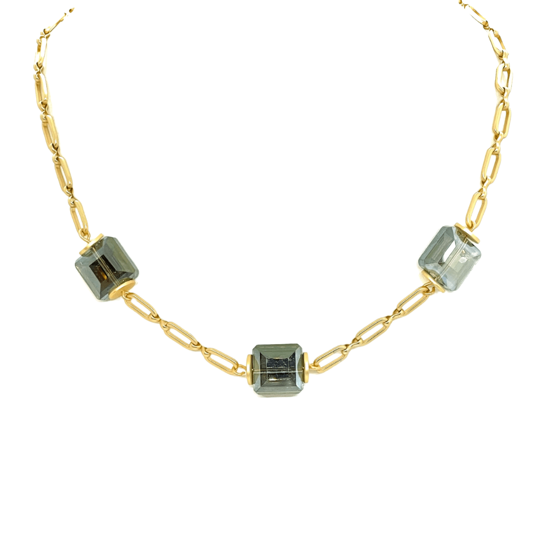 Square Olive Crystals On Matte Gold Chain Necklace - DEBORAH GRIVAS - Banebrook Collections