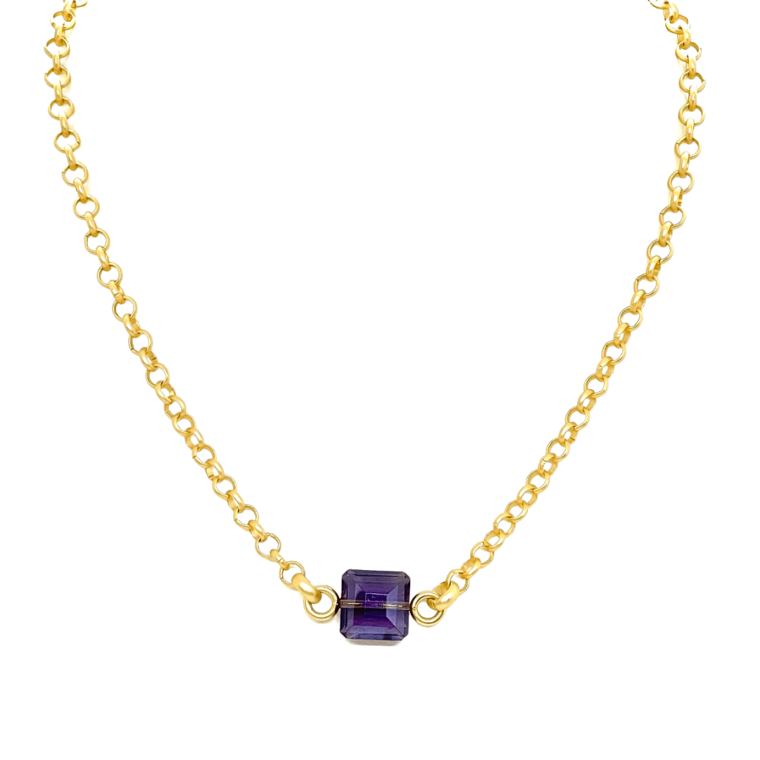 Square Purple Crystal On Matte Gold Chain Necklace - DEBORAH GRIVAS - Banebrook Collections