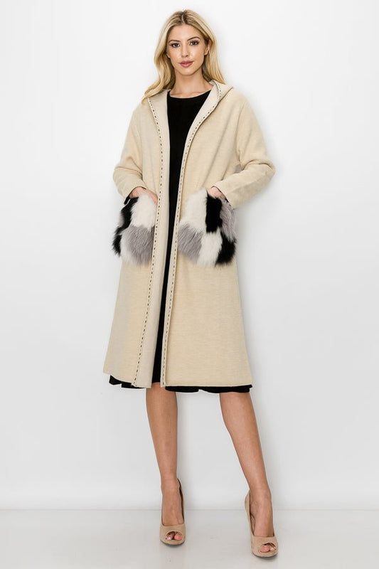 Stella Knitted Sweater Coat With Faux Fur Pockets - JOH APPAREL - Banebrook Collections