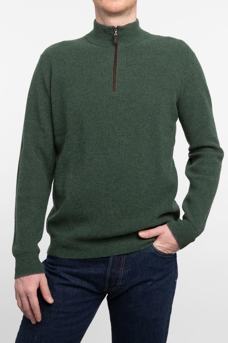 Suede Trim Rib Qtr Zip Mock - KINROSS CASHMERE - Banebrook Collections