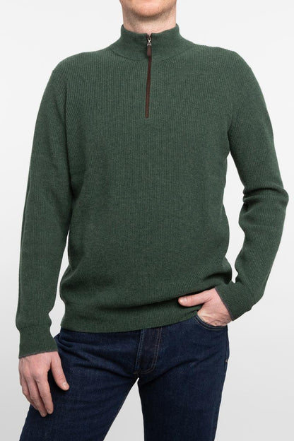 Suede Trim Rib Qtr Zip Mock - KINROSS CASHMERE - Banebrook Collections