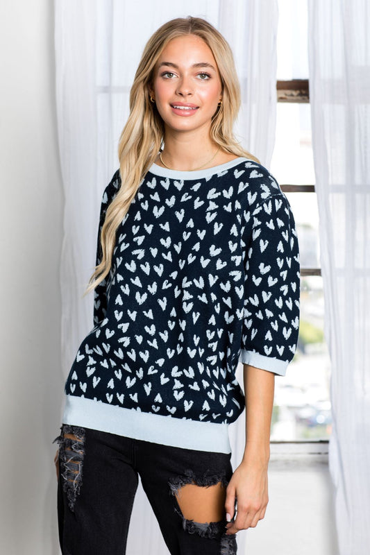 Syeda Stretch Knitted Sweater With Scattered Hearts - JOH APPAREL - Banebrook Collections