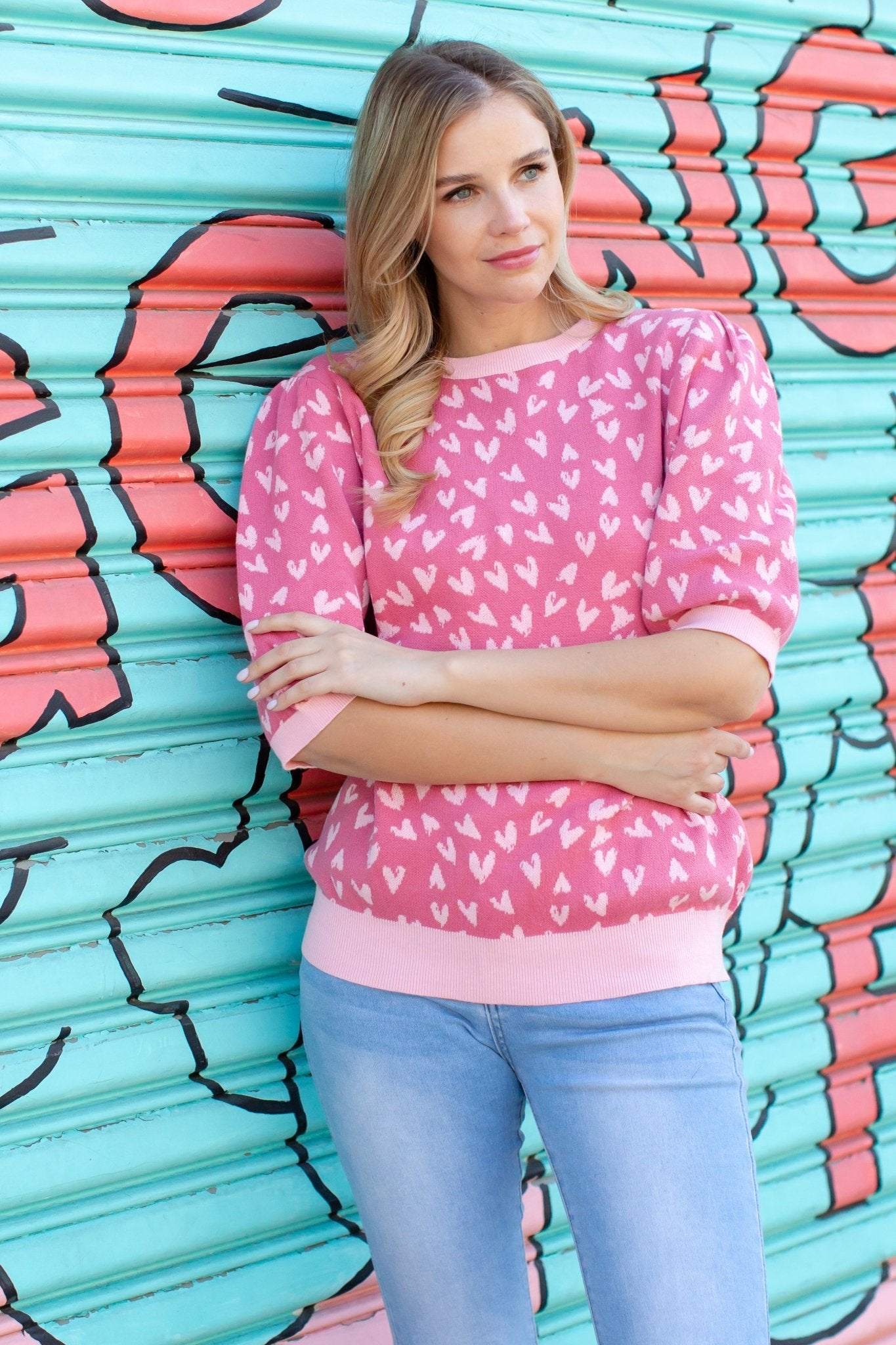 Syeda Stretch Knitted Sweater With Scattered Hearts - JOH APPAREL - Banebrook Collections