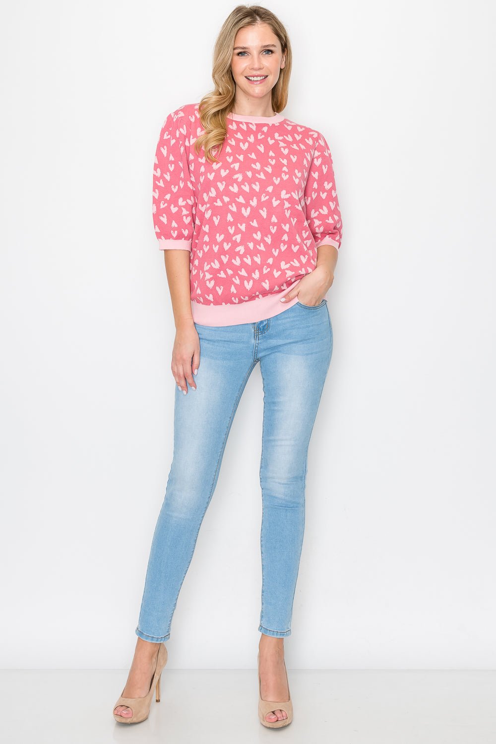 Syeda Stretch Knitted Sweater With Scattered Hearts - JOH APPAREL - Banebrook Collections