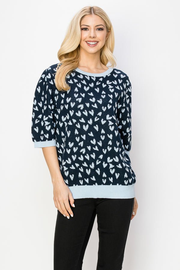 Syeda Stretch Knitted Sweater With Scattered Hearts - JOH APPAREL - Banebrook Collections