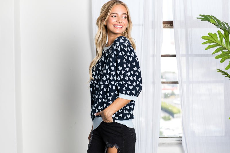 Syeda Stretch Knitted Sweater With Scattered Hearts - JOH APPAREL - Banebrook Collections