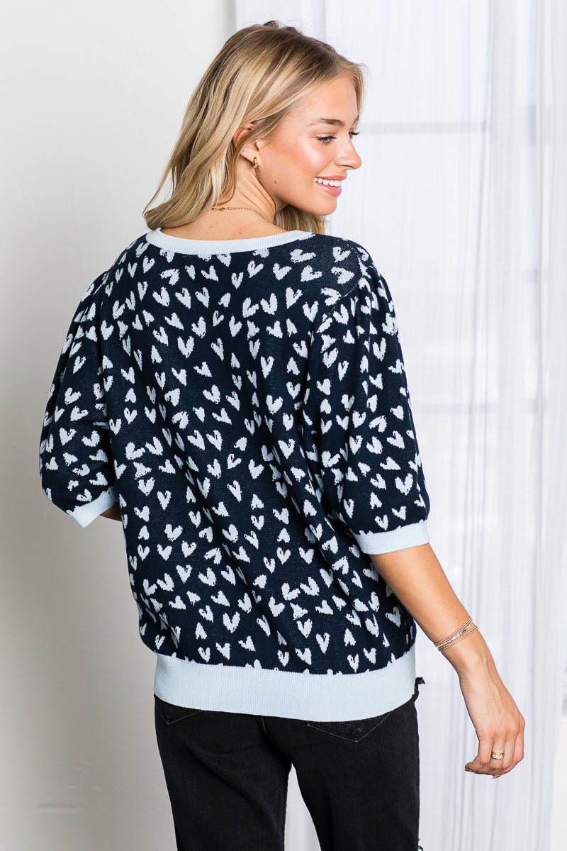 Syeda Stretch Knitted Sweater With Scattered Hearts - JOH APPAREL - Banebrook Collections