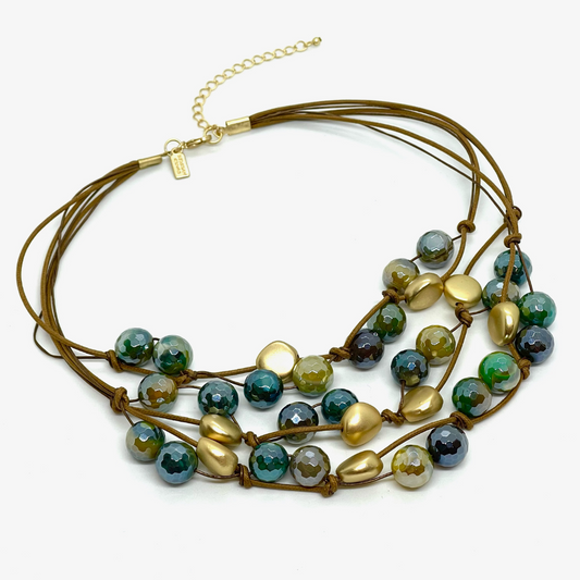 Teal Glazed Agate, Matte Gold Bead Torsade Necklace