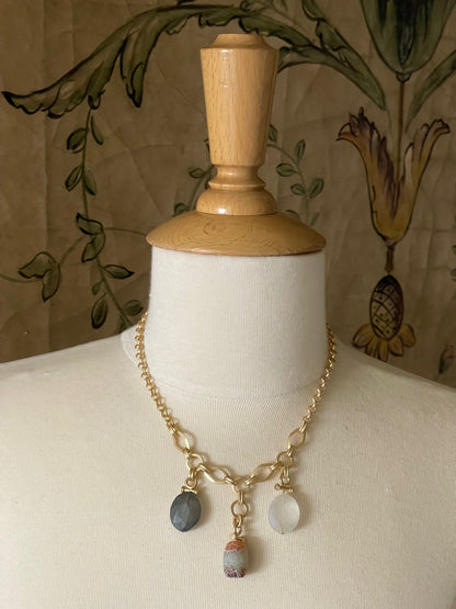 Three Charm Necklace With Fire Agate, Matte Olive Crystal, & Matte White Crystal - DEBORAH GRIVAS - Banebrook Collections