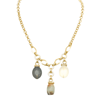 Three Charm Necklace With Fire Agate, Matte Olive Crystal, & Matte White Crystal - DEBORAH GRIVAS - Banebrook Collections