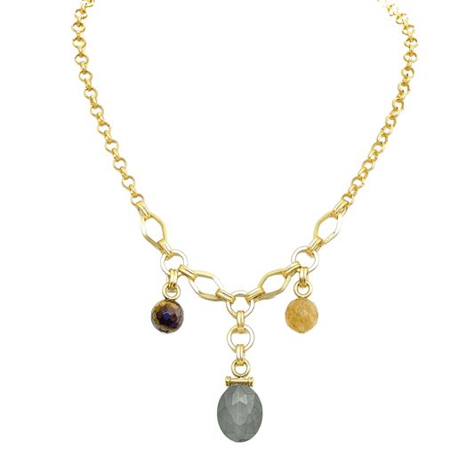 Three Charm Necklace With Matte Olive Crystal, Citrine, & Tiger Eye - DEBORAH GRIVAS - Banebrook Collections