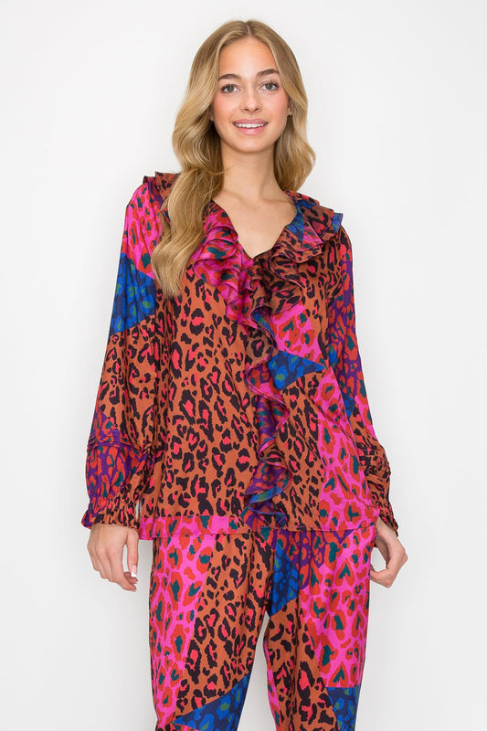 Wanice Cascade Ruffle Printed Charmeuse Top - JOH APPAREL - Banebrook Collections