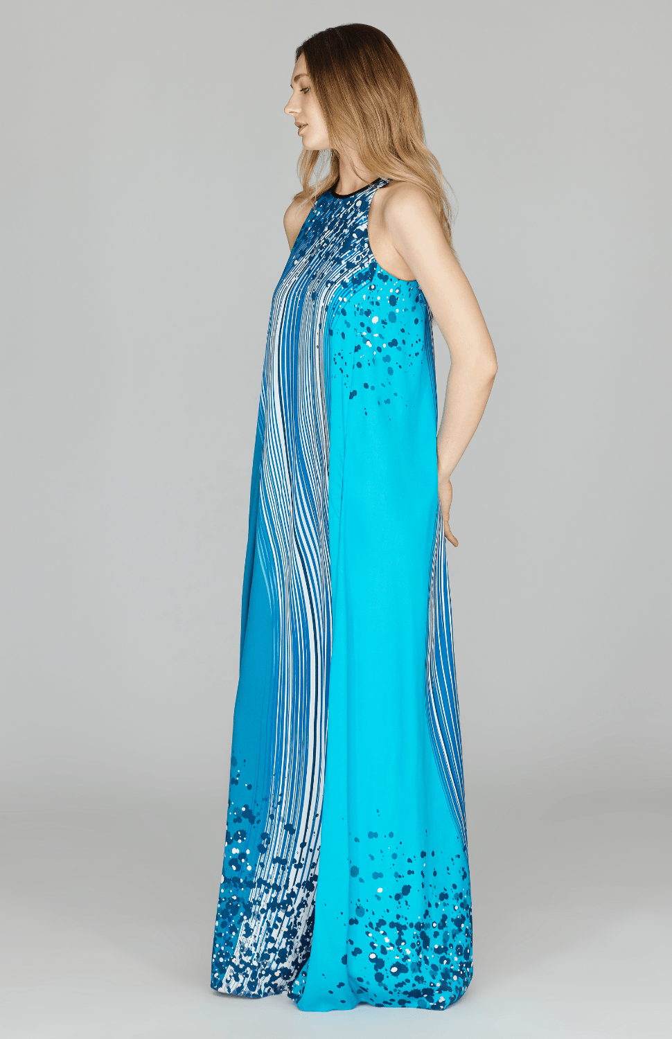 Waterfall Print Long Trapeze Gown - Mi Jong Lee - Banebrook Collections